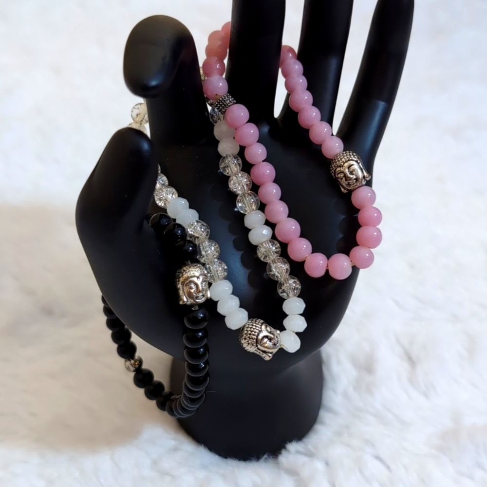 Three Bracelets Set Obsidian, Moonstone and Rose Quartz Stretch Elastic